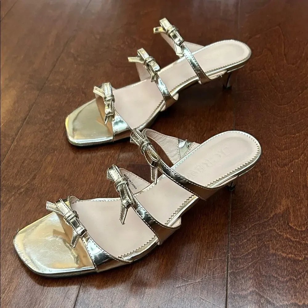 J. Crew Zadie Bow-Strap Heels in Gold Metallic Leather, Feminine Coquette Size 6